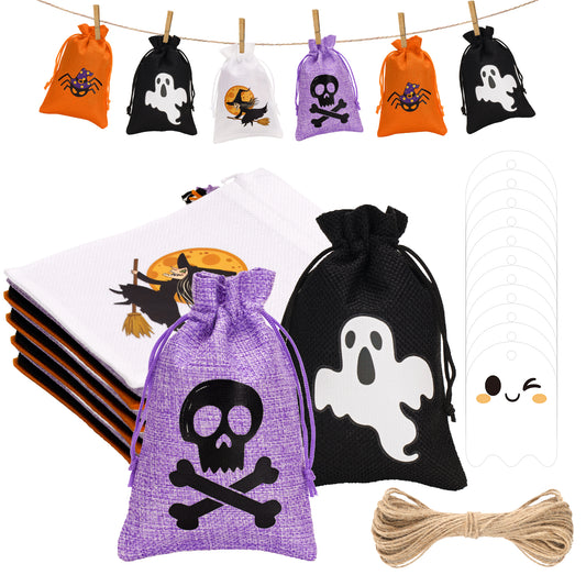 G2PLUS 24Pcs Halloween Burlap Gift Bags - 4x6 In Halloween Drawstring Goodies Treat Bags, 4 Designs Spooky Gift Candy Bag with Ghost Tags for Trick or Treat Party Favors