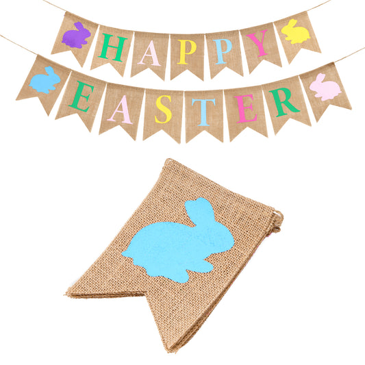 G2PLUS Burlap Happy Easter Bunting Banner, Hessian Banner with Colotful Happy Easter Letter, Burlap Happy Easter Bunting with Rabbit, Burlap Easter Decorations for Easter Party Decor