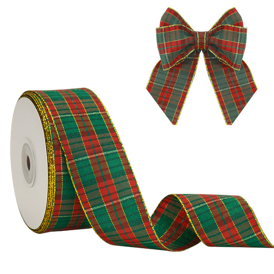 G2PLUS Red Green Tartan Ribbon - 40mm Christmas Tartan Ribbon - 25 Yards Plaid Gold Edge Ribbon - Tartan Ribbons for Crafting, Gift Wrapping, Christmas Tree, Christmas Wreath Bows