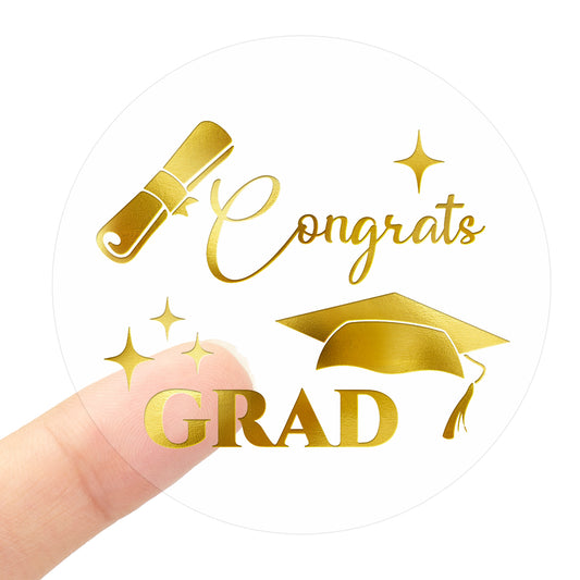 G2PLUS Graduation Stickers, 120PCS Congrats Grad Stickers, 1.6in Gold Foil Graduation Cap Stickers, Transparent Graduation Envelope Seal Sticker for Graduation Invitation and Grad Party Favors