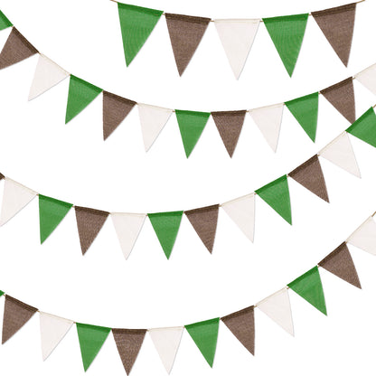 G2PLUS Pre-Strung Burlap Pennant Banners, 39Ft Green White Brown Fabric Triangle Flag Bunting, 36Pcs Pennant Banner Flags Garland for Football Game Day, Outdoor Parties, Camping & Backyard Decorations