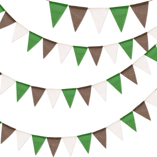 G2PLUS Pre-Strung Burlap Pennant Banners, 39Ft Green White Brown Fabric Triangle Flag Bunting, 36Pcs Pennant Banner Flags Garland for Football Game Day, Outdoor Parties, Camping & Backyard Decorations