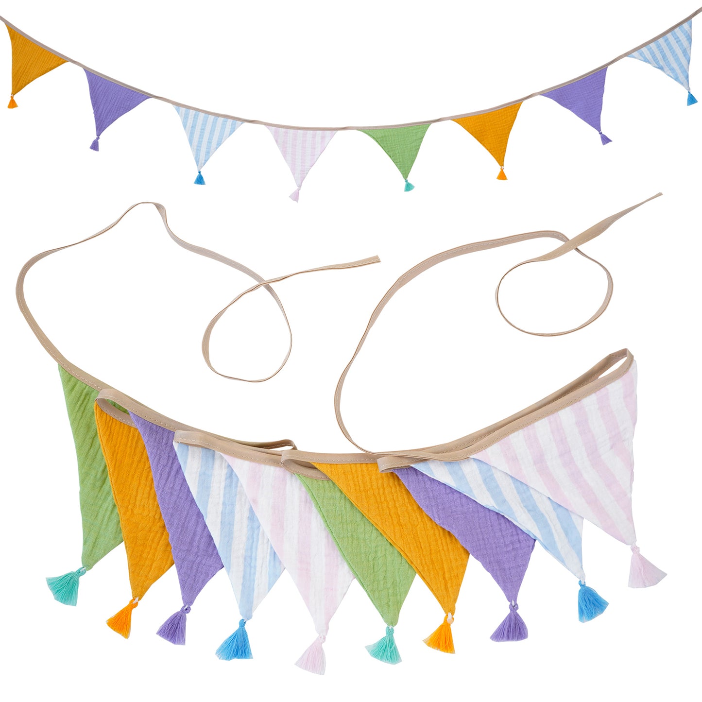 G2PLUS Pre-Strung Fabric Triangle Banner Garland, 8.5ft Double-Sided Cotton Bunting Flags, Reusable Pennant Banner with Tassels for Birthday, Party, Baby Shower, Nursery Decor - Macaron
