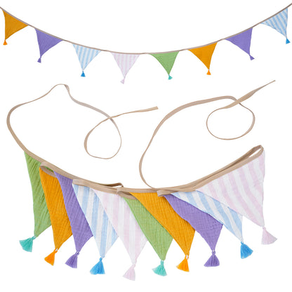 G2PLUS Pre-Strung Fabric Triangle Banner Garland, 8.5ft Double-Sided Cotton Bunting Flags, Reusable Pennant Banner with Tassels for Birthday, Party, Baby Shower, Nursery Decor - Macaron