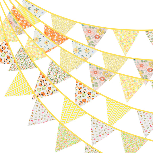 G2PLUS 12M Floral Fabric Bunting Banner, 19x21CM Large Reusable Cotton Triangle Flag Garland with 42PCS Decoration Floral Pennants for Garden Tea Wedding Baby Shower Birthday Parties-Yellow