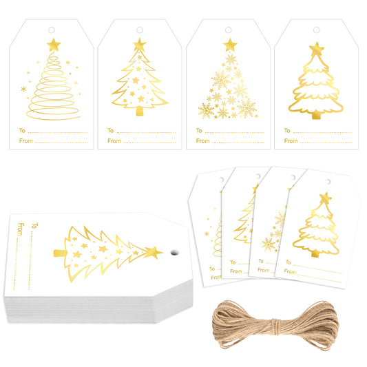 G2PLUS 60Pcs Christmas Name Tags, 4 Designs White Gold Christmas Tree Tag, Xmas Paper Gift Tags with String for Holiday Wrapping, DIY Crafts, Party Favors, Gift Exchange, Stocking Stuffers