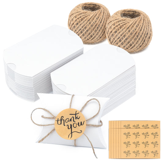 G2PLUS 100PCS Wedding Favour Candy Boxes - Small Pillow Boxes with String - White Pillow Candy Boxes with Stickers for Wedding Party Birthday Decoration