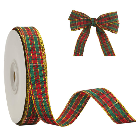 G2PLUS Red Green Tartan Ribbon - 15mm Christmas Tartan Ribbon - 25 Yards Plaid Gold Edge Ribbon - Tartan Ribbons for Christmas Crafting, Gift Wrapping, Xmas Presents