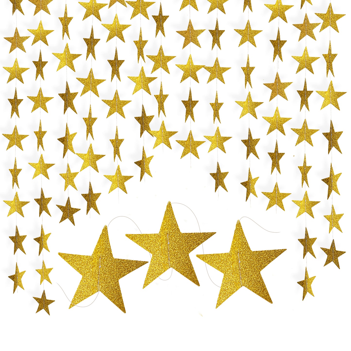 G2PLUS Gold Glitter Star Garland, 16m Sparkling Star Bunting Garland, Paper Star Garland for Birthday, Twinkle Little Star Party Garlands for Wedding Graduation Birthday Party Backdrop