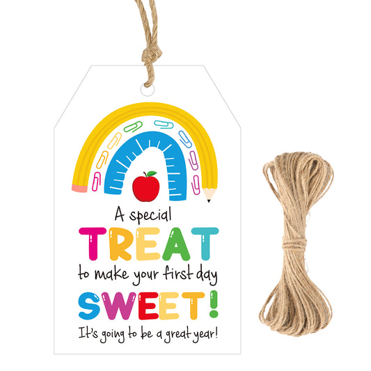 G2PLUS Back to School Tags, 50PCS First Day of Schools Tags, A Great School Year Tag for Students and Teachers, Rainbow Welcome Back to Schools Tag with String for Classroom Party Favors