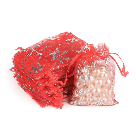 G2PLUS Red Christmas Organza Bags, 7x9CM Snowflake Christmas Favour Bags, Small Xmas Gift Pouches for Presents, 100 PCS Wedding Favor Pouches for Christmas, Birthday, Wedding, Anniversary