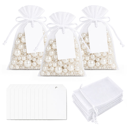 G2PLUS 25 Pack Organza Gift Bags with Tags: 10 x 15 cm White Drawstring Favour Pouches with 4 x 7 cm White Tags for Wedding Party Favours Jewellery Candy
