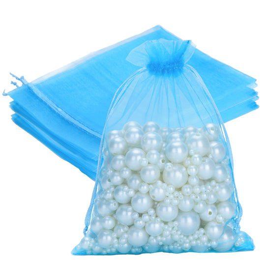 G2PLUS 25PCS Blue Organza Bags 5x7 inches, Sheer Mesh Jewelry Pouches, Organza Gift Bags with Drawstring for Candy, Jewelry, Wedding Party Favors