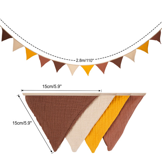 G2PLUS Nursery Fabric Bunting, Baby Bunting for Nursery, 12PCS Double Side Cloth Triangle Banner, Coffee and Yellow Cotton Bunting Banner for Nursery/Bedroom/Baby Shower Decor, 2.8m