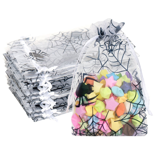 G2PLUS Halloween Organza Drawstring Bags, 50PCS Halloween Organza Bags 4x6, Sheer Organza Pouches, Trick or Treat Candy Goodies Bags, Spiderwebs Organza Bags for Halloween Party Favors (White)
