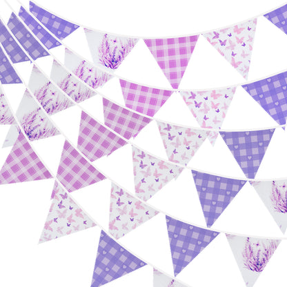 G2PLUS Purple Triangle Bunting Banner, 39FT Extra Long Reusable Cotton Triangle Flags, Pre-Sewn Gingham Garland Pennant Banner for Garden Party, Bridal Shower & Outdoor Decor