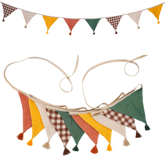 G2PLUS Pre-Strung Fabric Triangle Banner Garland, 8.5ft Double-Sided Cotton Bunting Flags, Reusable Pennant Banner for Birthday, Party, Baby Shower, Nursery Decor-Autumn Harvest Color