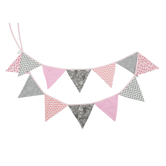 G2PLUS Double Sided Fabric Bunting Banner -12PCS Pink and Grey Fabric Bunting Nursery - 3.3M Cotton Triangle Pennants for Decorating Girls Bedroom Birthday Parties
