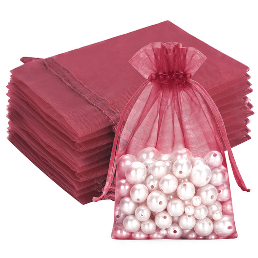 G2PLUS 25PCS Red Organza Gift Bags 5x7 inches - Wine Red Drawstring Organza Bags, Sheer Mesh Pouches for Candy, Jewelry, Christmas, Wedding Party Favors