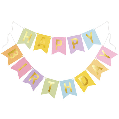 G2PLUS Pre-Strung Happy Birthday Banner Pastel and Gold: 16 x 20 cm Large No-DIY Birthday Banner for Boys Kids Birthday Party Decorations