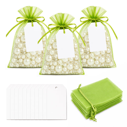 G2PLUS 25 Pack Organza Gift Bags with Tags: 10 x 15 cm Sage Green Drawstring Favour Pouches with 4 x 7 cm White Tags for Wedding Party Favours Jewellery Candy