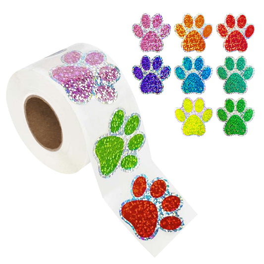 G2PLUS 500Pcs Self Adhesive Shiny Reward Stickers - 2.5CM Waterproof Holographic Dog Paw Stickers - Colorful Sparkly Dog Paw Stickers - Children Reward Stickers for Crafts and Activities
