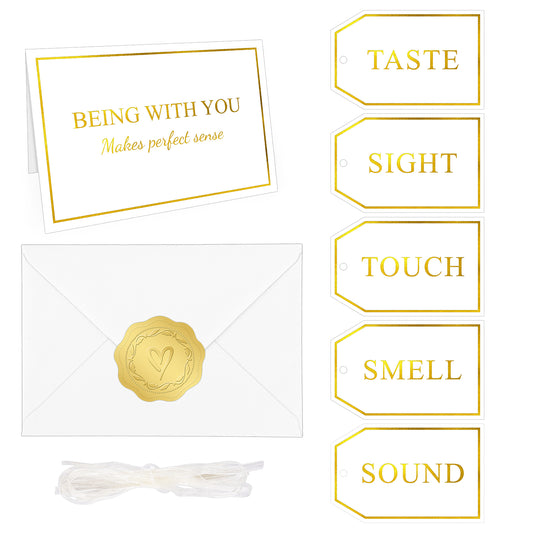 G2PLUS 5 Senses Gift Tags with String for Him and Her – Romantic White and Gold Gift Tags Set with Sense Greeting Card for Anniversary, Valentine’s Day, Birthday, Christmas