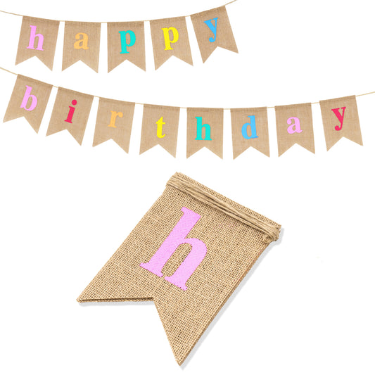 G2PLUS HAPPY BIRTHDAY Burlap Bunting Banner, Pre-strung Hessian Birthday Bunting Banner, Reusable Pentagon Burlap Birthday Banner, Vintage Birthday Party Decorations for Birthday Party