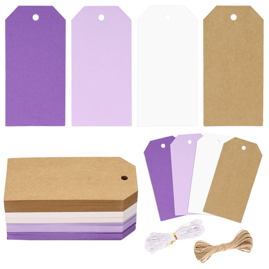 G2PLUS Gift Tags with String, 4 Colors Gradient Purple Gift Tags, 120PCS Blank Paper Hanging Labels for Holiday Present Wrapping, Wedding, Birthday, DIY Art Craft Supplies (2X4in, Purple, White)
