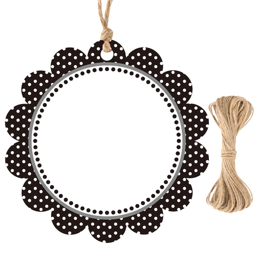 G2PLUS 50PCS Black Scalloped Gift Tags, 2.5in Round Scalloped Gift Tags with String, Large Blank Paper Hanging Labels Craft Tag with Black and White Polka Dots Edge Design for Arts Crafts Packaging