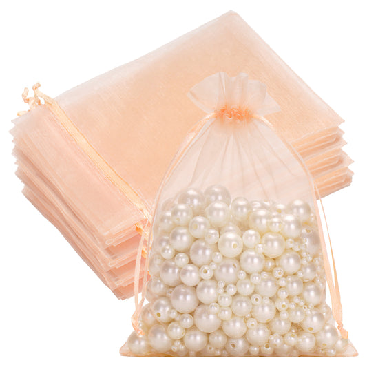 G2PLUS 25PCS Peach Organza Bags 5x7 inches - Sheer Mesh Jewelry Pouches, Organza Gift Bags with Drawstring for Candy, Jewelry, Wedding Party Favors