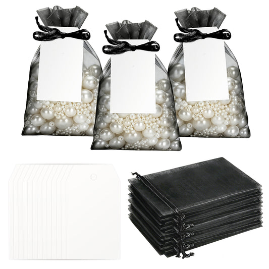 G2PLUS 50 Pack Organza Gift Bags with Tags: 10 x 15 cm Black Drawstring Favour Pouches with 4 x 7 cm White Tags for Wedding Party Favours Jewellery Candy