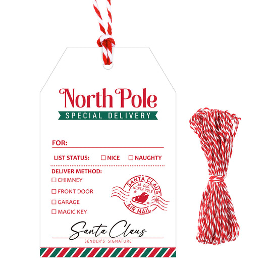 G2PLUS from Santa Claus Gift Wrapping Tags - 50Pcs Special Delivery North Pole Christmas Tags, 3.3x2.2in Xmas Paper Tag with String for Holiday Gift Wrapping, DIY Crafts, Party Favors