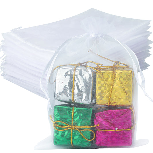 G2PLUS White Organza Gift Pouches, 13x18 CM Large Organza Favour Bags, 100 PCS Wedding Jewelry Bags, Clear Mesh Pouches Perfect for Wedding, Christmas, Birthday, Anniversary