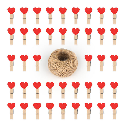 G2PLUS 100PCS Mini Wooden Heart Pegs - 3.5cm Wooden Photo Display Clips - Tiny Wooden Clothes Pegs with 30 M Jute String for Arts and Crafts, Weddings & Events