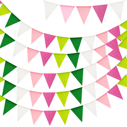 G2PLUS Pre-Strung Burlap Pennant Banner, 65Ft Pink Green and White Triangle Flag Bunting, 60pcs Pennant Banner Bunting Garland for Birthday, Wedding, Camping, Rustic Boho Theme Party Decorations