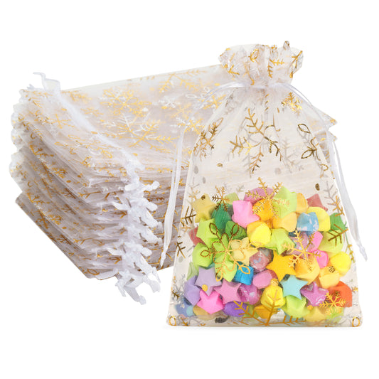 G2PLUS Christmas Drawstring Organza Bags, 50PCS Snowflake Organza Gift Bags, Gold Christmas Organza Bags 4x6, Mesh Sheer Organza Pouches, Xmas Winter Holiday Organza Bags for Jewelry, Candy, Goodies