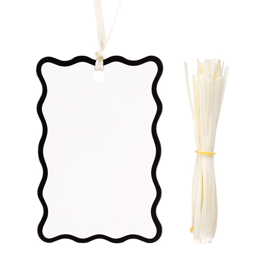 G2PLUS 50Pcs Name Place Cards - Black Scalloped Wedding Place Cards with Ribbon, Blank Gift Tags with Ivory Ribbon for Wedding Favors, Party Favors & Dinner Table Setting Supplies
