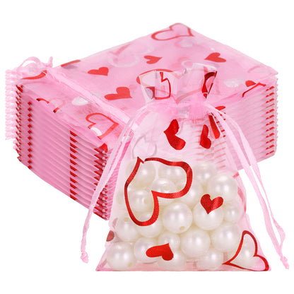 G2PLUS 50PCS Valentines Gift Bags Organza 3x4in, Pink Foil Heart Sheer Mesh Organza Pouches with Drawstring for Valentines Day Party Favors, Candy Gift Bags & Wedding Favors
