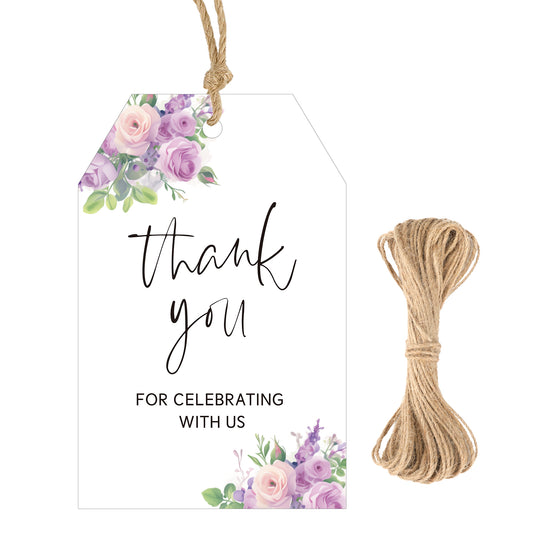 G2PLUS 50PCS Thank You Gift Tags with Twine, 3.3X2.2In Purple Floral Paper Tags for Wedding Favors, Baby Shower, Bridal Shower, Party Decorations