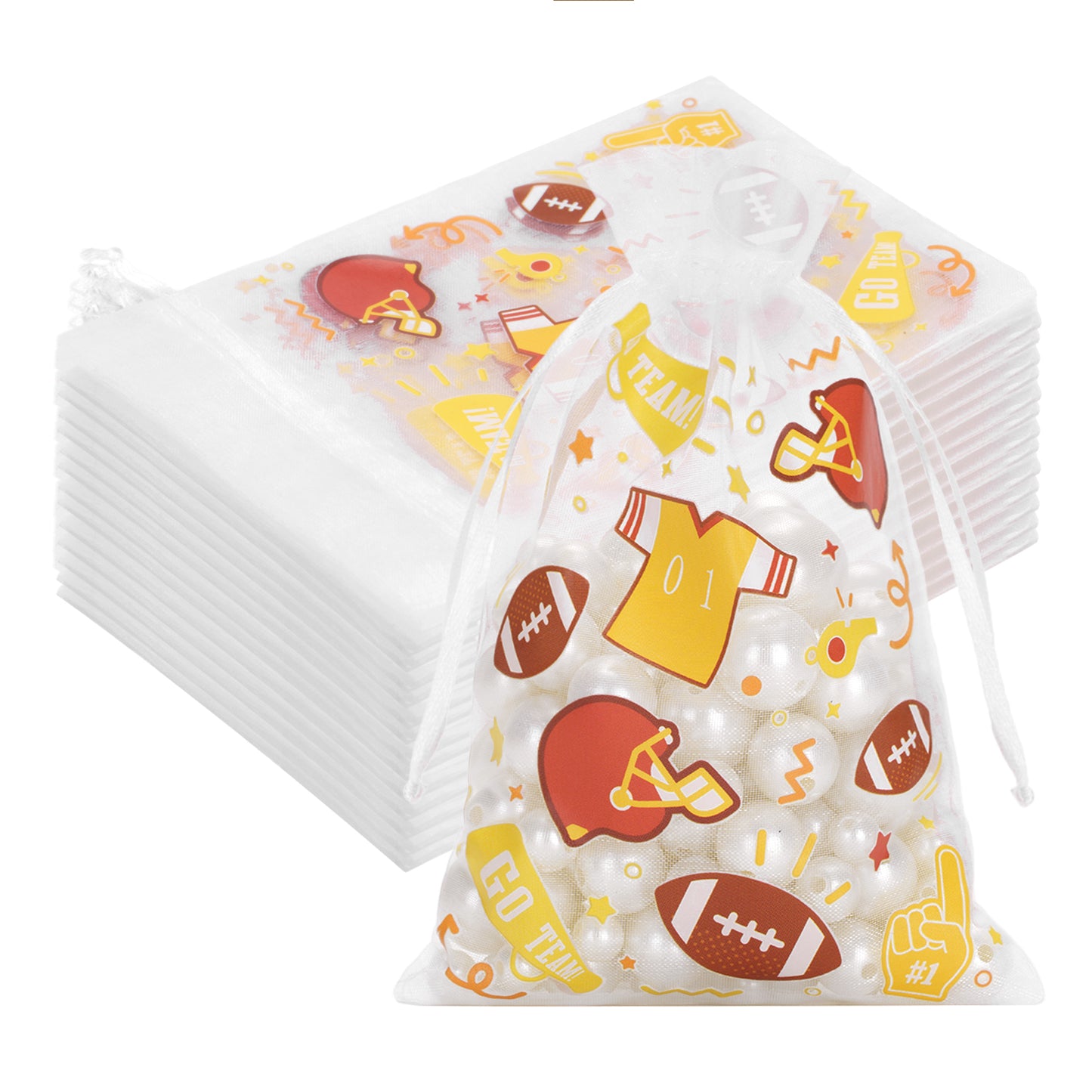 G2PLUS 30PCS Sports Theme Organza Bags 4x6, Sheer Mesh Drawstring Pouches for Football Party Favors, Game Day Party Treat Bags for Kids Birthday & Team Gifts