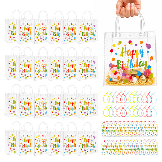 G2PLUS 24 Pack PVC Happy Birthday Gift Bags with Twist Ties and Tags Set Colorful Paws Printed, for Birthday Gift Party Favors