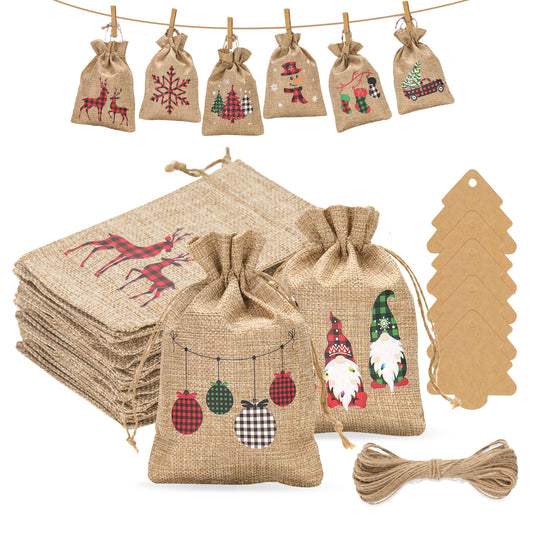 G2PLUS 24 PCS Advent Calandar Bags, 10x15cm Medium Christmas Burlap Bags, Hessian Christmas Sacks, Christmas Burlap Drawstring Bags for Advent Calandar, Christmas Party Decoration