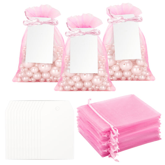 G2PLUS 50 Pack Organza Gift Bags with Tags: 10 x 15 cm Pink Drawstring Favour Pouches with 4 x 7 cm White Tags for Wedding Party Favours Jewellery Candy