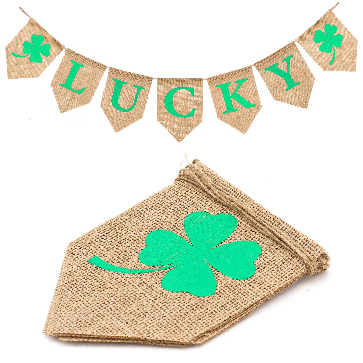 G2PLUS Hessian LUCKY Shamrock Bunting, St. Patrick's Day Bunting Banner, Burlap St. Patrick's Day Decorations for Irish Lucky Day Party Supplies, Shield-Shaped