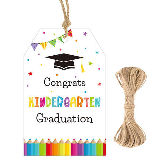 G2PLUS Graduation Gift Tags, 50 PCS Congrats Kindergarten Graduation Tags, White Paper Gift Tag with String for Class of 2025 Graduate, Preschool Congratulate Party Favors