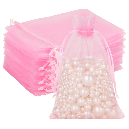 G2PLUS 25PCS Pink Drawstring Organza Bags 5x7 inches, Sheer Mesh Jewelry Pouches, Organza Gift Bags for Candy, Jewelry, Wedding Party Favors