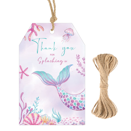 G2PLUS Mermaid Thank You Tag, 50PCS Thank You for Splashing by Tags, Mermaid Birthday Gift Tag, Ocean World Paper Gift Tags with String for Girl Birthday Baby Shower Undersea Theme Party Favors