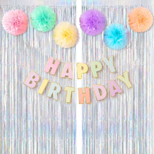 G2PLUS Pastel Birthday Decorations Set, Birthday Party Backdrop Decorations Pastel Happy Birthday Banner with 2PCS Silver Tinsel Curtains and 6PCS Paper Pom Poms for Kids and Family Parties