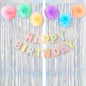 G2PLUS Pastel Birthday Decorations Set, Birthday Party Backdrop Decorations Pastel Happy Birthday Banner with 2PCS Silver Tinsel Curtains and 6PCS Paper Pom Poms for Kids and Family Parties